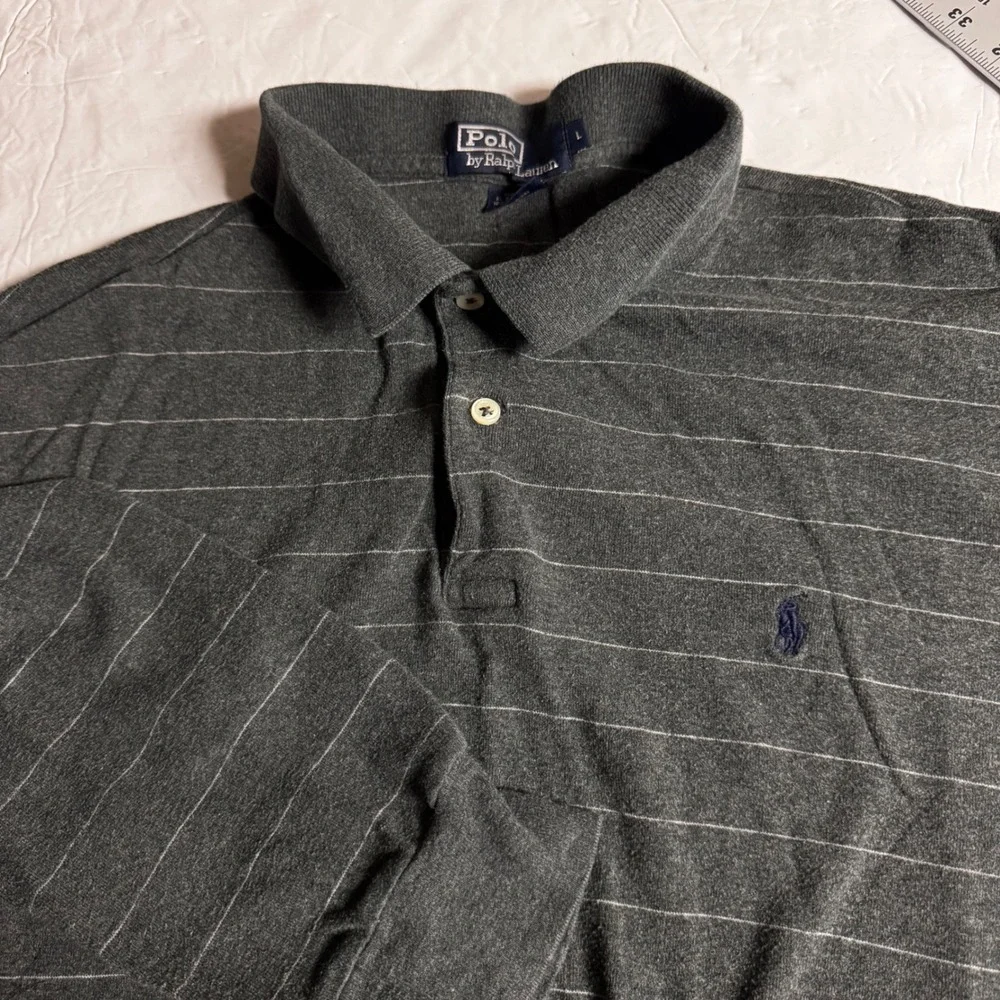 Polo Ralph Lauren Mens Large Grey Striped Long Sleeve Polo Shirt Cotton Jersey